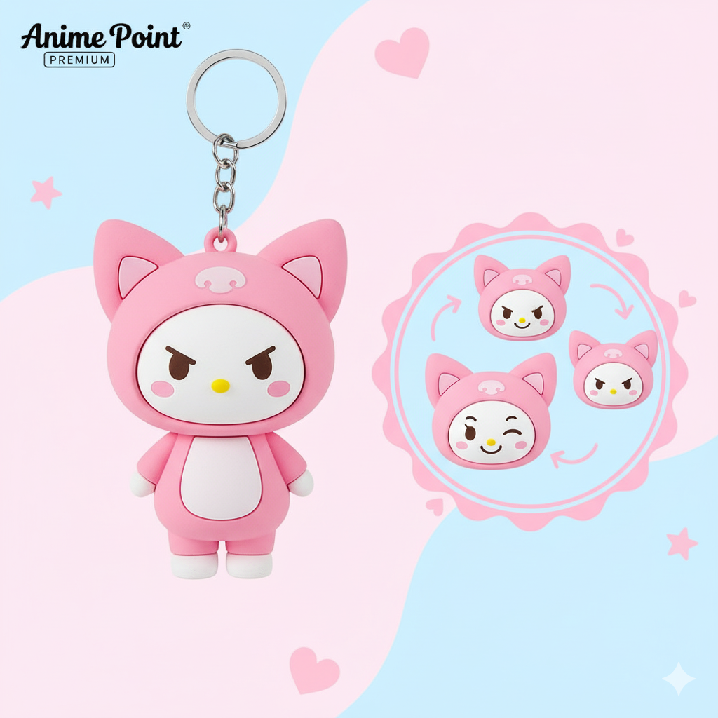 Pink Kitty Face Changing Keychain β 3 Expression Cute Character (7cm) ππ±