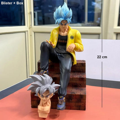 Dragon Ball Super: Son Goku "Hypebeast Streetwear" Sitting on Stairs Deluxe Figure – Dual Head Edition (22cm)