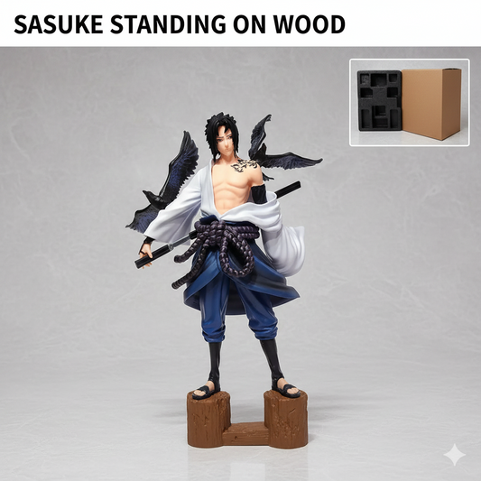 Naruto Shippuden Sasuke Uchiha Standing on Wood Action Figure | Anime Collectible Statue with Crow Effects