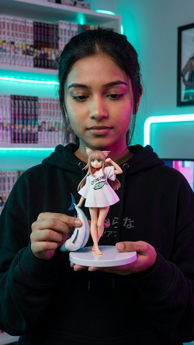 Original Anime Figure: Cute Cat-Girl "Osakana" with Big Fish Collectible Statue