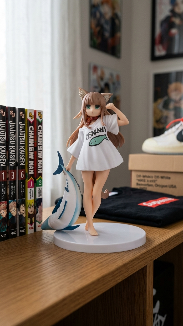 Original Anime Figure: Cute Cat-Girl "Osakana" with Big Fish Collectible Statue