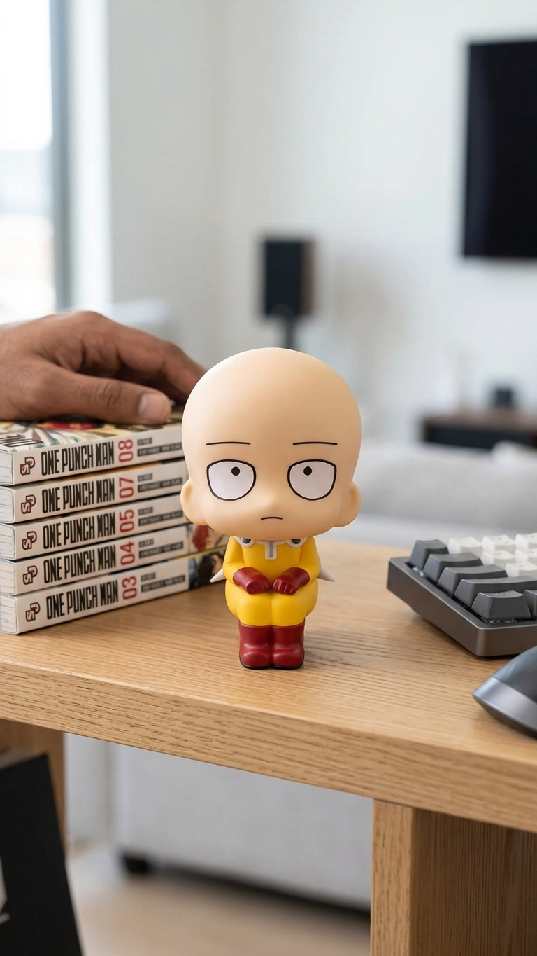 One Punch Man: Saitama Premium "Look Up" (Rukappu) Chibi Figure – Bored Hero Edition (11cm)