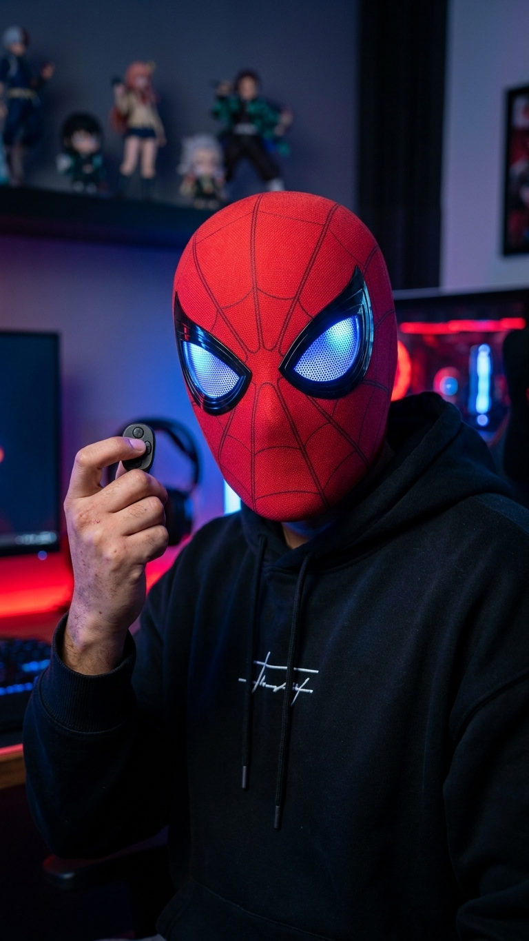 Spider-Man: "Integrated Cyber Tech" Premium Flicker-Eye Moving & LED Glowing Cosplay Mask (With Remote Control & Box)