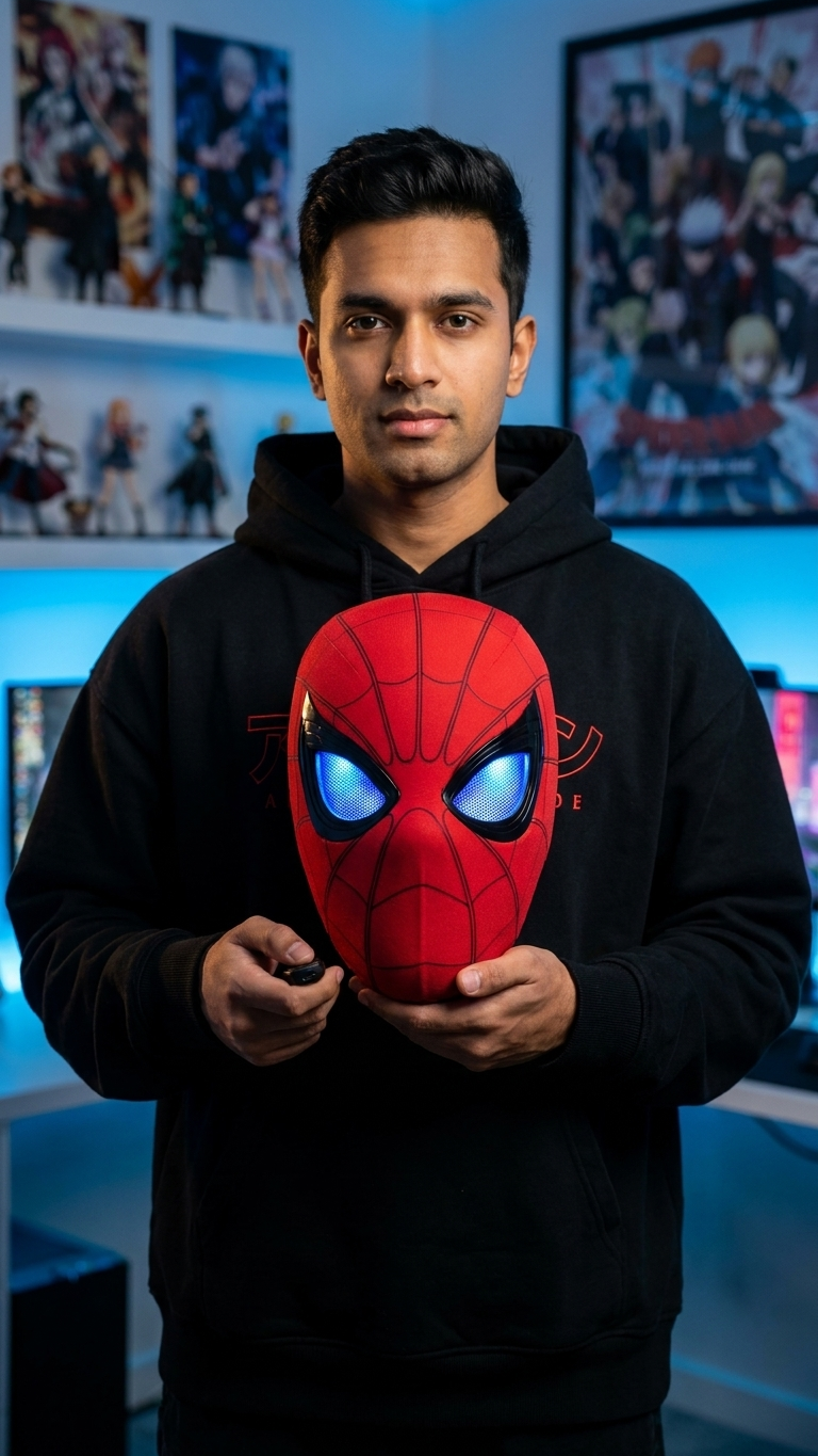 Spider-Man: "Integrated Cyber Tech" Premium Flicker-Eye Moving & LED Glowing Cosplay Mask (With Remote Control & Box)